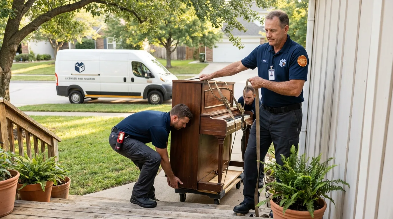 Licensed piano movers securing grand piano in Spencerville, MD