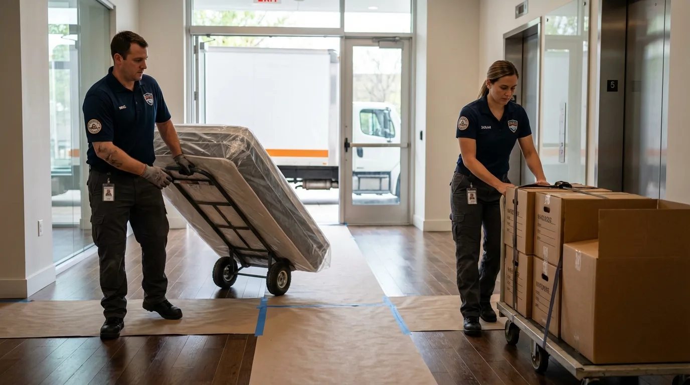 Professional apartment movers loading elevator in Spencerville, MD